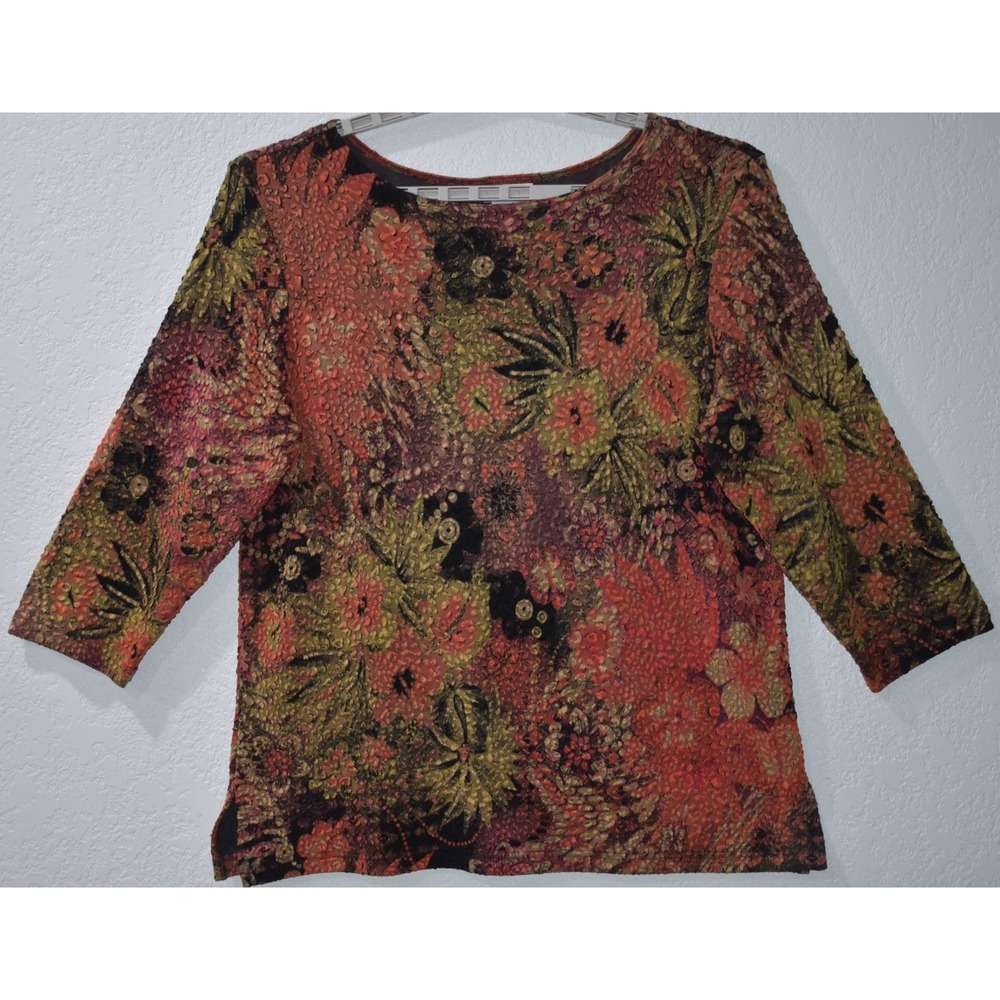 Coldwater Creek XL Top Texture Floral Lightweight Stretchy Comfy 3/4 Sleeve Top